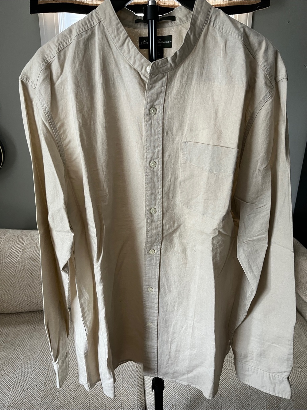 Eddie Bauer Light Beige Mandarin-Collar Button-Down Shirt